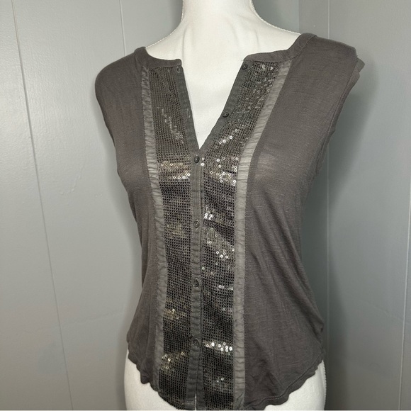 American Eagle Gray Sequin Henley Tank Top XS – Glam Y2K Basic - Picture 1 of 6